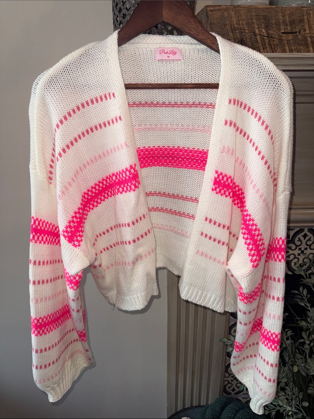Pink Lily White Cardigan with Bright Pink Stripes